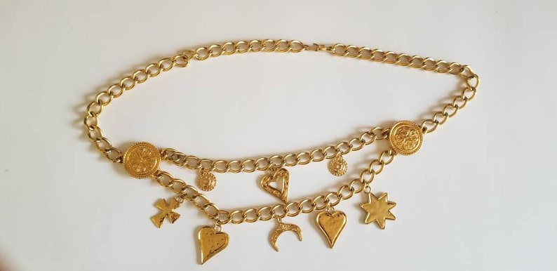 Made in Spain Ornate Metal Gold Tone Belt Luxury Chain Link Belt ESCADA Gilt Metal Medallion Charm Dangling Charms Belt Modernist Belt