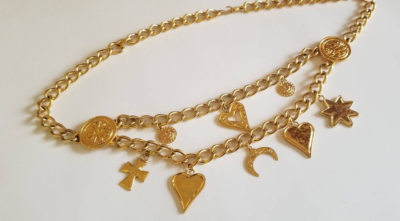 Made in Spain Ornate Metal Gold Tone Belt Luxury Chain Link Belt ESCADA Gilt Metal Medallion Charm Dangling Charms Belt Modernist Belt