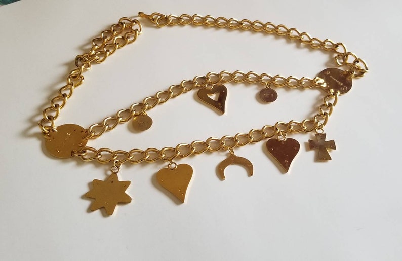Made in Spain Ornate Metal Gold Tone Belt Luxury Chain Link Belt ESCADA Gilt Metal Medallion Charm Dangling Charms Belt Modernist Belt