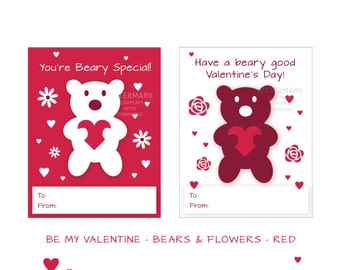 Printable - Classroom Valentines - Bears with Heart & Flowers - Red