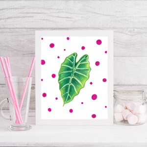 Green Leaf Pink Polka dots Watercolor Print - Digital Download - Printable Art - Botanical Art -INSTANT DOWNLOAD-Wall Art-Home Decor