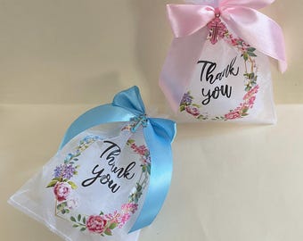 20 pcs Floral Thank You Organza Bag, White(4x4.8 Inch) greek boubouniera-koufeta baptism favor- almonds-Wedding favor-first community.