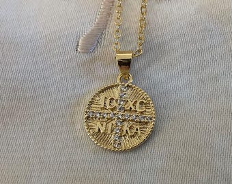 Gold Color St.Helen Constantine Pendant, ICXC NIKA Cross, Byzantine Medallion (15mm)