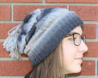 Easy Knitting pattern for hat/cowl/headband. Instructions for knit hat and tasssel, easy knitting pattern slouch hat, knit in the round cowl