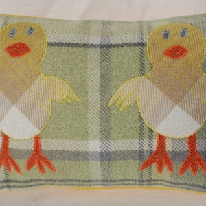Easter Gift Yellow Chicks, Decorative Handmade Green Tartan Rectangle Cushion Cover, Pillow Ideal Scottish Gift Home Decor 10&quot; x 15&quot;