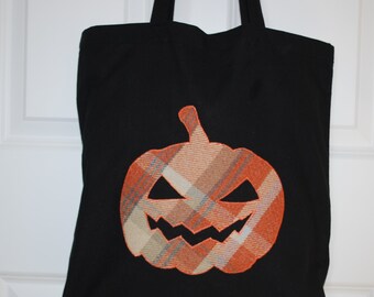 Tartan Pumpkin Halloween Tote Bag, Handmade Cotton Shopping Bag, Trick or Treat Black and Orange Bags, Reusable Scottish Gifts