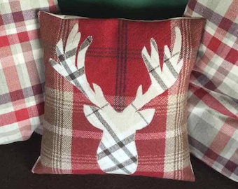 Stag Tartan Cushion Cover, Forest Animals Deer Doe Cream on Red, Decorative Handmade Square Wool Pillow Ideal Scottish Gift 12" x 12"