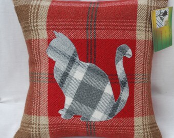 Tartan Cushion Decorative, Cat Handmade Wool Rustic Grey Home Decor, Square Pillow Scottish Gifts 12" x 12"