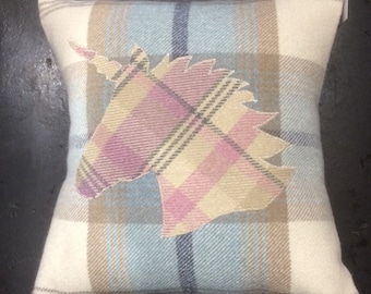 Unicorn Cushion, Pillow Tartan Bedroom, Scottish Gift Decorative Pink on Light Blue, Handmade Square Wool Ideal Home Decor 12" x 12"