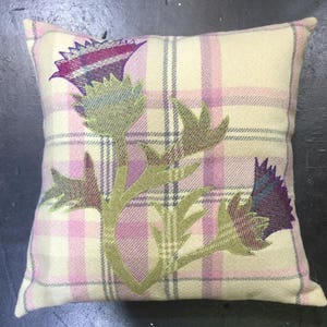 Thistle Tartan Pillow, Handmade Purple on Pink Flowers, Floral Cushion, Perfect Scottish Gift Ideas 16&quot; x 16&quot;
