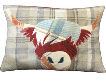 Highland Cow Cushion, Tartan Pillow, Decorative Cover Red Orange Light Blue Grey Handmade Wool Rectangle Scottish Gift 10" x 15"
