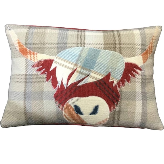 Highland Cow Cushion, Tartan Pillow, Decorative Cover Red Orange Light Blue Grey Handmade Wool Rectangle Scottish Gift 10" x 15"
