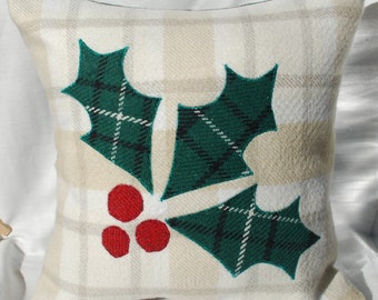 Christmas Holly & Berries, Green, Red Decorative Handmade Tartan Square Cushion Pillow, Ideal Christmas Gift, Rustic Country Décor 12" x 12"