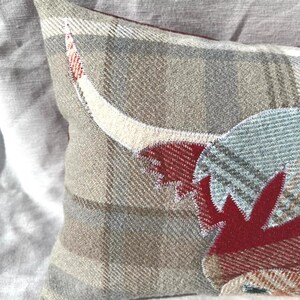 Highland Cow Cushion, Tartan Pillow, Decorative Cover Red Orange Light Blue Grey Handmade Wool Rectangle Scottish Gift 10" x 15" image 3