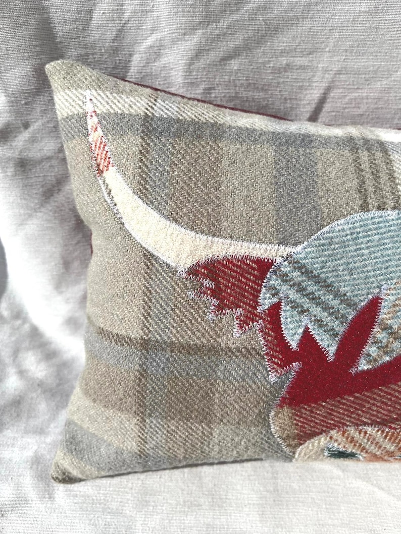 Highland Cow Cushion, Tartan Pillow, Decorative Cover Red Orange Light Blue Grey Handmade Wool Rectangle Scottish Gift 10" x 15" image 3