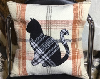 Black Cat Rustic Home Decor, Decorative Handmade Tartan Square Cushion, Pillow Scottish Gifts 12" x 12"