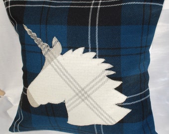Unicorn Pillow, Tartan Cushion, Bedroom Scottish Animal Gift, White Dark Blue Handmade Wool Ideal Home Decor 12" x 12"