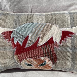 Highland Cow Cushion, Tartan Pillow, Decorative Cover Red Orange Light Blue Grey Handmade Wool Rectangle Scottish Gift 10" x 15" image 4