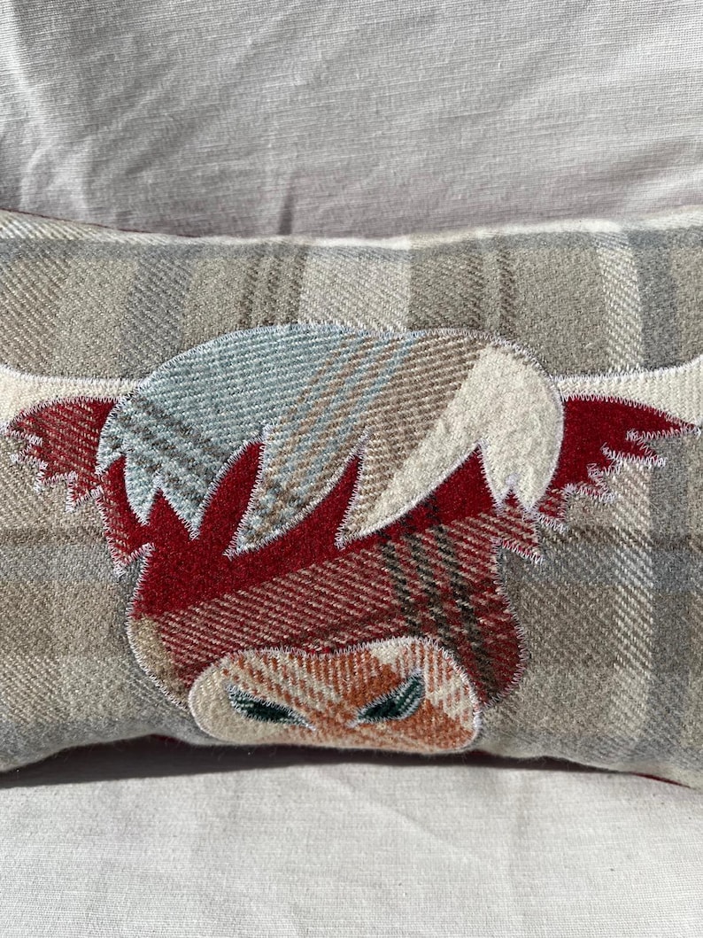 Highland Cow Cushion, Tartan Pillow, Decorative Cover Red Orange Light Blue Grey Handmade Wool Rectangle Scottish Gift 10" x 15" image 4