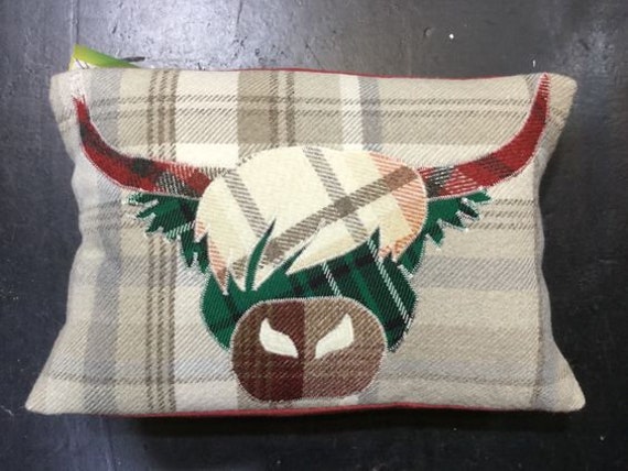 Green & Red Highland Cow Cushion, Tartan Pillow, Decorative Cover, Handmade Wool Rectangle Cushion Ideal Scottish Gift 10" x 15"