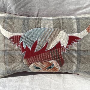 Highland Cow Cushion, Tartan Pillow, Decorative Cover Red Orange Light Blue Grey Handmade Wool Rectangle Scottish Gift 10" x 15" image 2