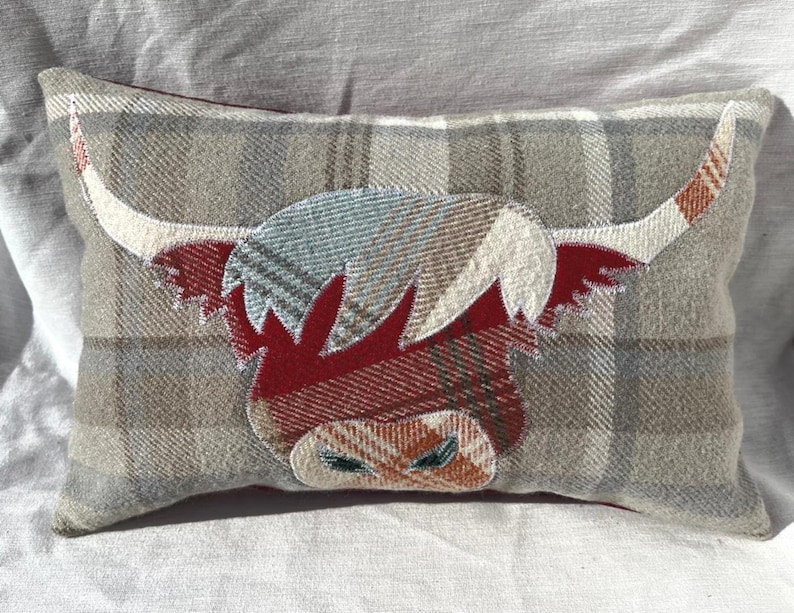 Highland Cow Cushion, Tartan Pillow, Decorative Cover Red Orange Light Blue Grey Handmade Wool Rectangle Scottish Gift 10" x 15" image 2