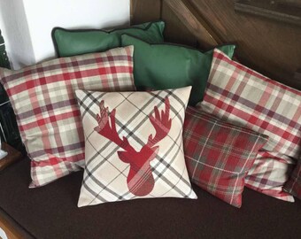 Woodland Animals, Stag Decorative Handmade Tartan Home Decor Red on Cream Square Cushion Cover, Pillow Scottish Gifts 16" x 16"