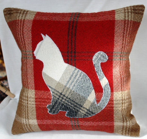 Tartan Pet Cushion, Cat Home Decor, Decorative Handmade Square Wool Pillow Scottish Gifts 12" x 12"