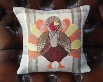 Turkey Pillow, Thanksgiving Decor, Fall Cushion, Handmade Decorative Rustic Throw Pillow Scottish Tartan Gifts 12" x 12"