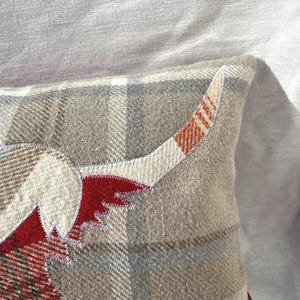Highland Cow Cushion, Tartan Pillow, Decorative Cover Red Orange Light Blue Grey Handmade Wool Rectangle Scottish Gift 10" x 15" image 5