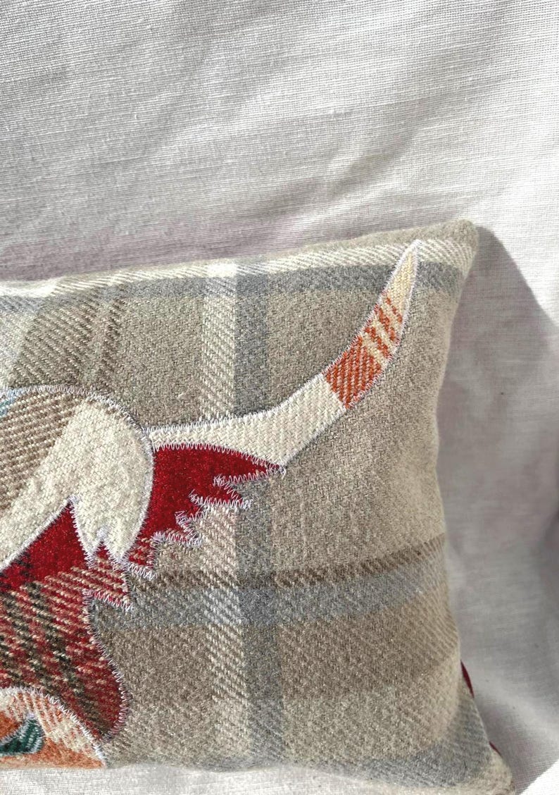 Highland Cow Cushion, Tartan Pillow, Decorative Cover Red Orange Light Blue Grey Handmade Wool Rectangle Scottish Gift 10" x 15" image 5