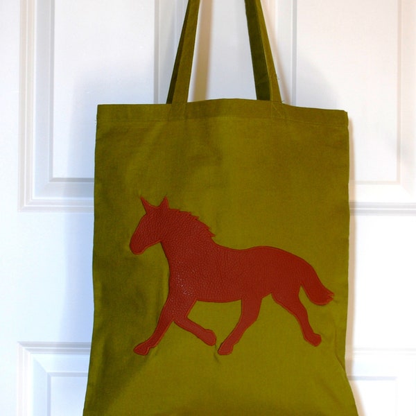 Horse Brown Leather Tote Bag, Shopping Handmade Reusable Bag, Scottish Gifts Birthday Gift, Christmas Gift