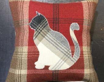 Black and White Cat Cushion, Tartan Home Decor, Handmade Rustic Square Cushion Pillow Scottish Gifts 12" x 12"
