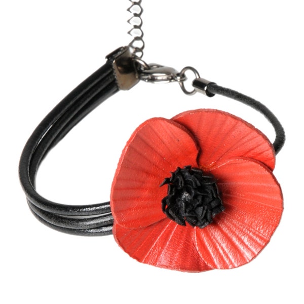 Bracelet coquelicot cuir pleine fleur de vachette décalé asymétrique