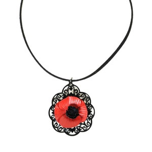 Leather Poppy Flower Filigree Pendant image 1