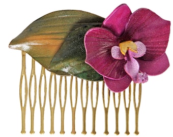 Hair comb flower orchid flower with cowhide leather