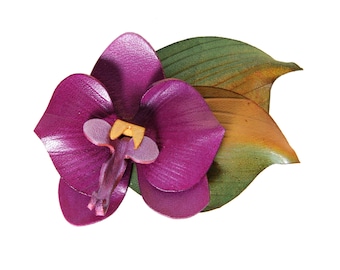 Orchid leather on leather leaf brooch