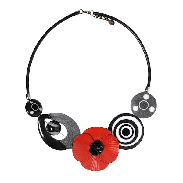 Collier coquelicot en cuir et perles en corne