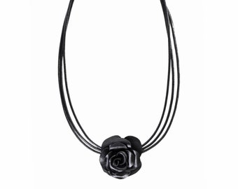 Rose flower necklace in genuine leather and leather cords