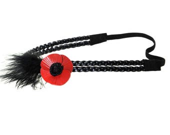 Headband flower poppy full leather cow blossom and feathers