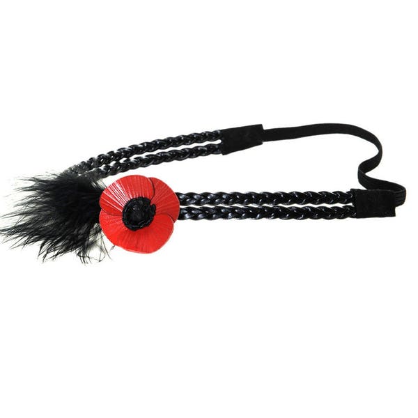 Headband fleur coquelicot en cuir pleine fleur de vachette et plumes