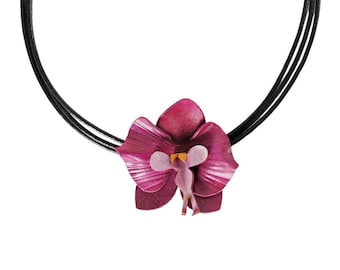 Real leather orchid flower necklace on leather cords