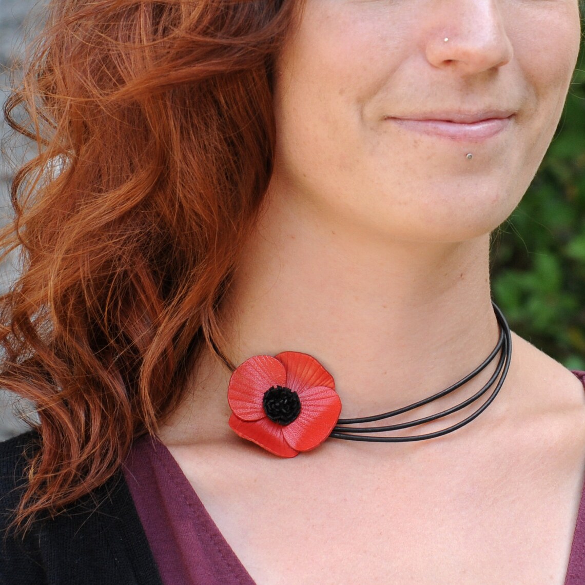 Cuello de cuello flor de cuero de amapola vachette flor Etsy
