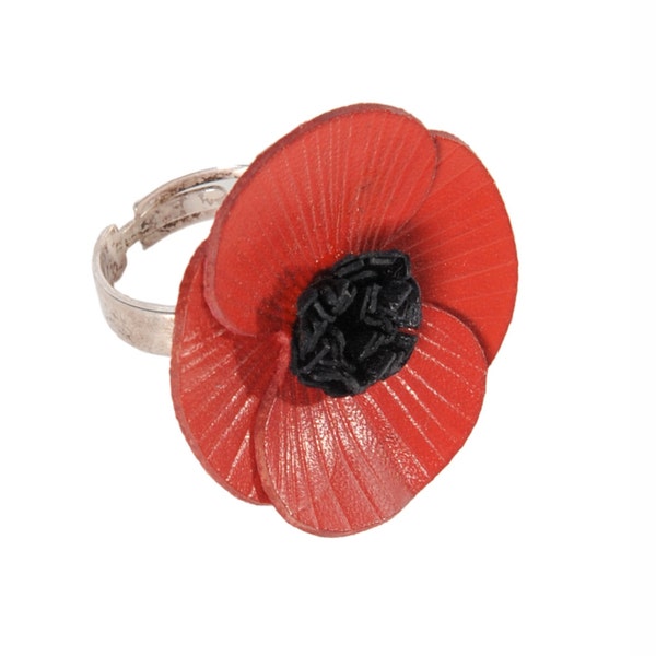 Bague coquelicot en cuir pleine fleur de vachette réglable