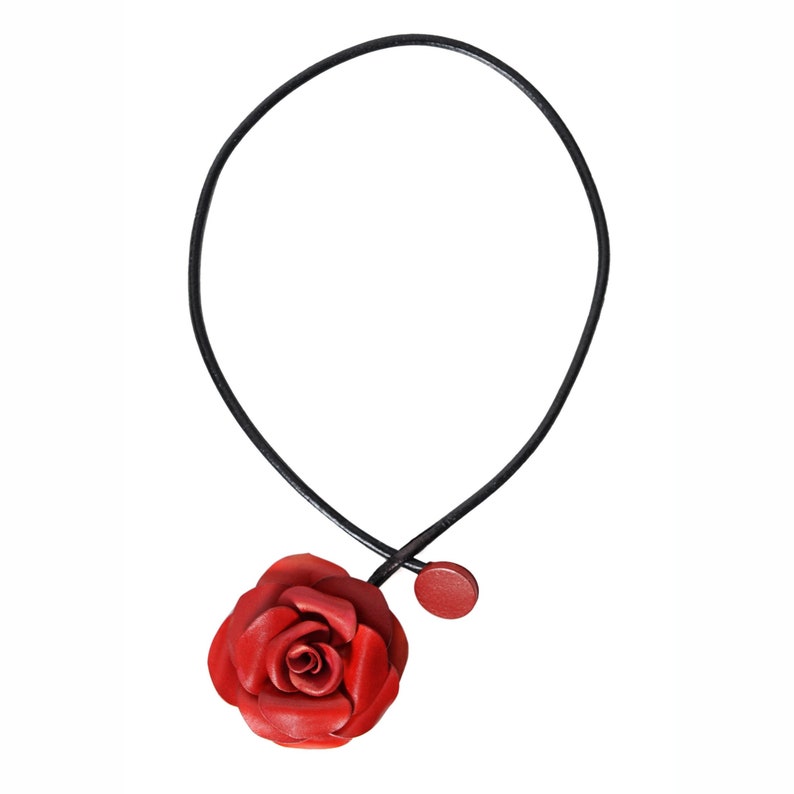 Rose flower necklace in genuine leather cord leather Red