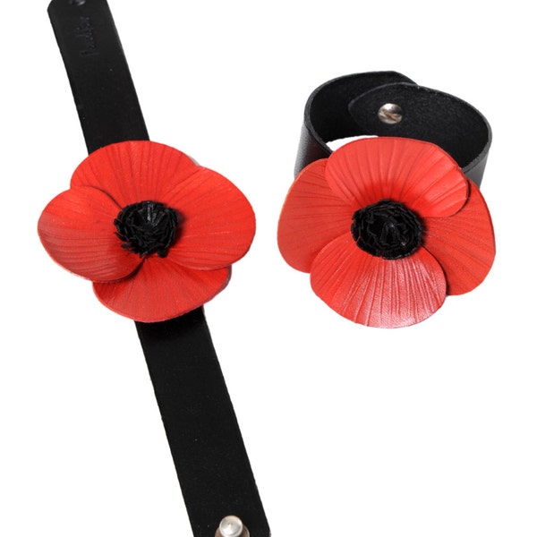 Bracelet manchette et coquelicot en cuir pleine fleur de vachette