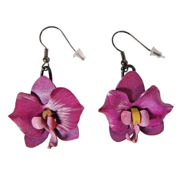 Boucles d'oreilles fleurs orchidées en cuir