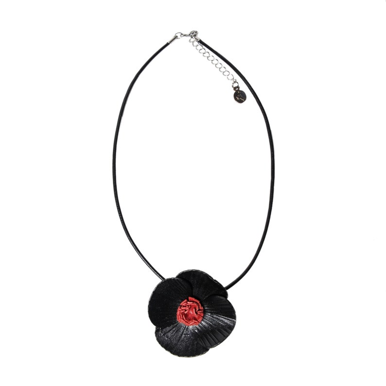 Poppy flower pendant in full grain cowhide leather and leather cord image 2