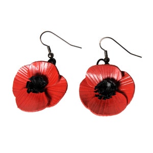 Leather poppy flower dangle earrings