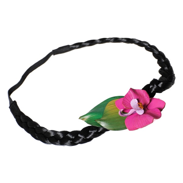 headband serre tête orchidée et feuille en cuir